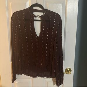 Free People Shirt Women Burgundy Sequin Long Sleeve Pullover Top